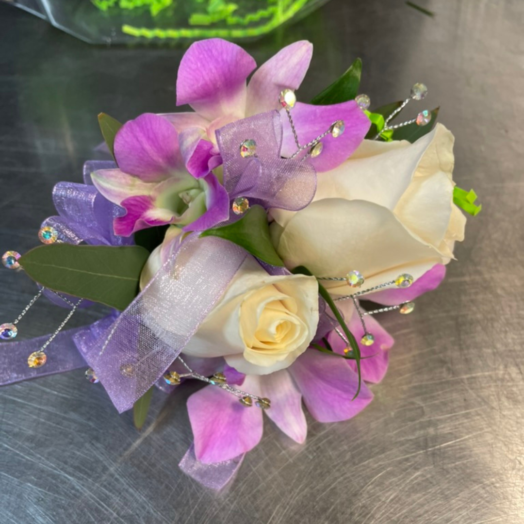 Orchid & Rose Corsage with Rhinestones 
