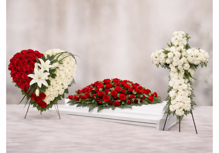 Square collage of three elegant funeral floral tributes by Reynolds Flowers against a soft neutral background: a heart-shaped arrangement of red roses and white chrysanthemums with white lilies on the left, a lush red rose casket spray centered on a white casket, and a white floral cross adorned with cascading greenery on the right.