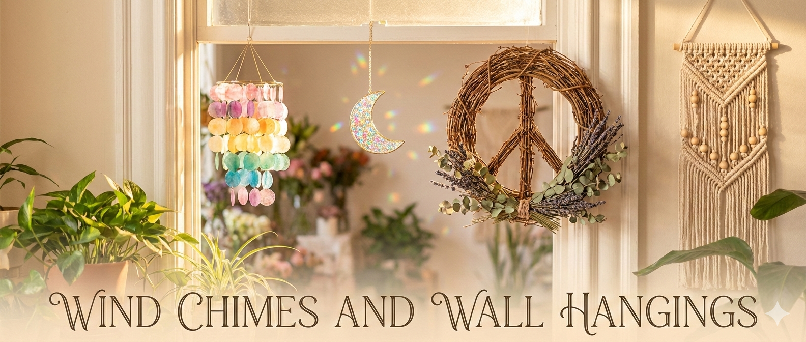 Peace Wreath, Wind Chimes, Dream Catcher, Sun Catchers