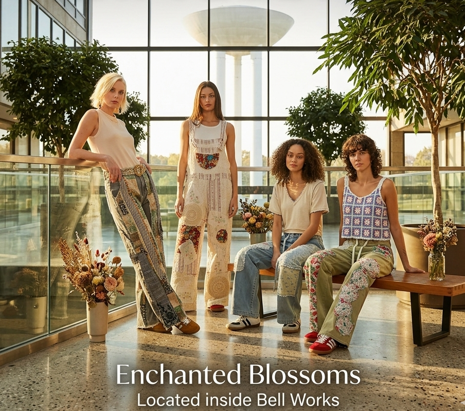 Boho Style Jeans, Tops, Overalls modeled by women at Bell Works in Holmdel